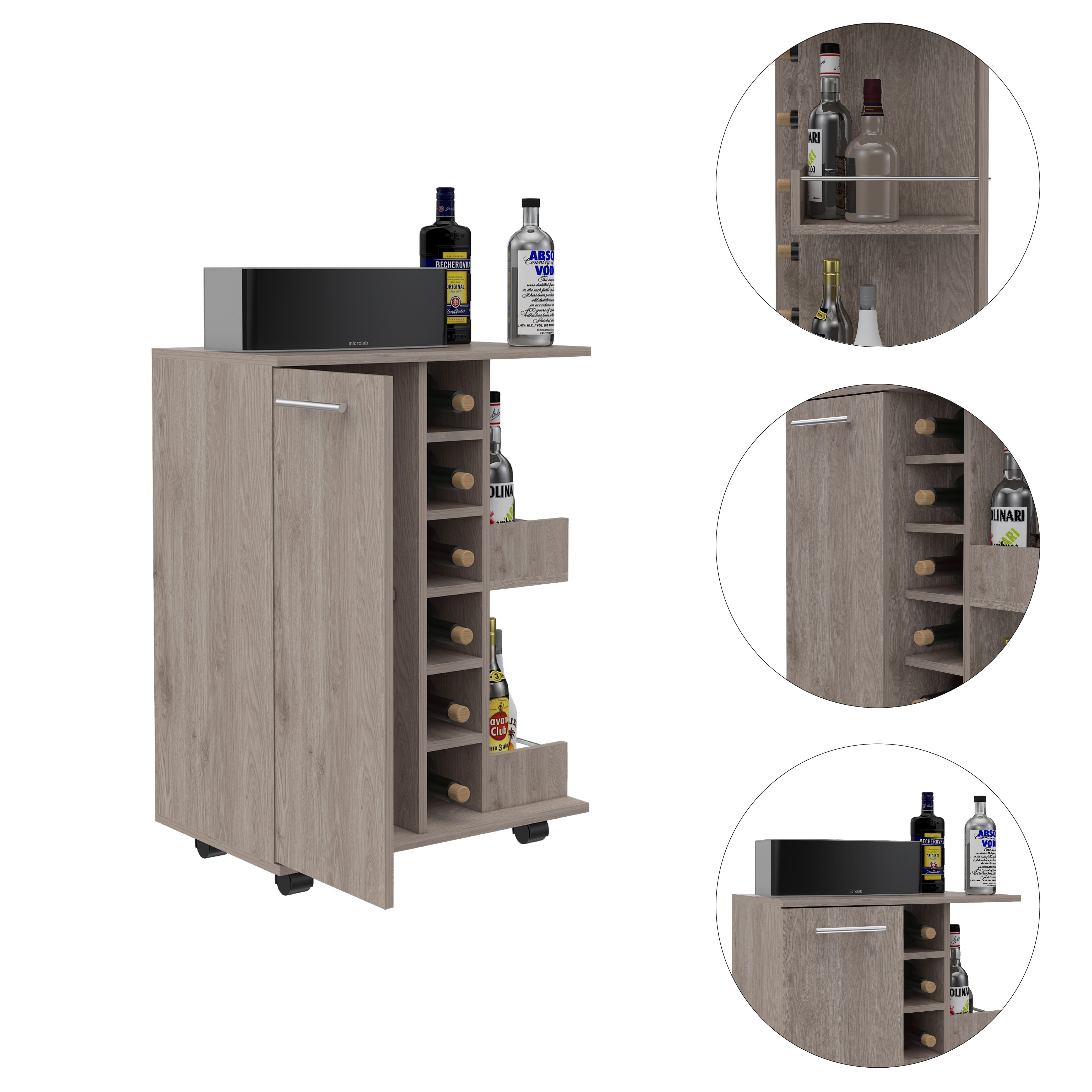 Bar Cart, Two External Shelves, Four Casters, Six Built-in Wine Rack, Single Door Cabinet -Light Gray